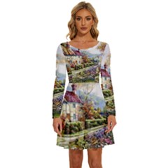 Colorful Cottage River Colorful House Landscape Garden Beautiful Painting Long Sleeve Wide Neck Velvet Dress by Grandong