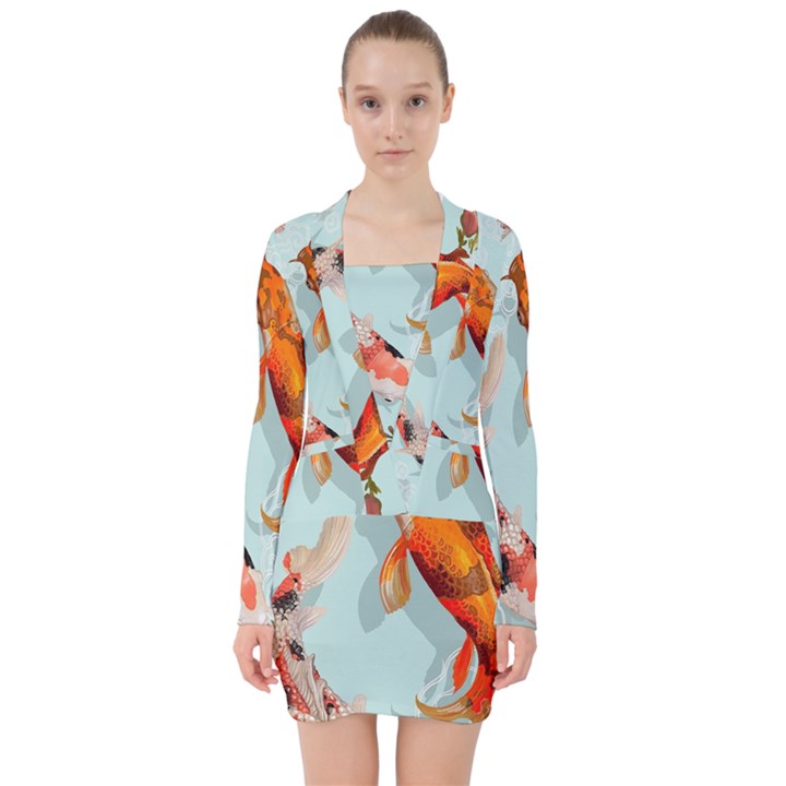 Koi Fish V-neck Bodycon Long Sleeve Dress