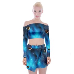 3d Universe Space Star Planet Off Shoulder Top With Mini Skirt Set by Grandong