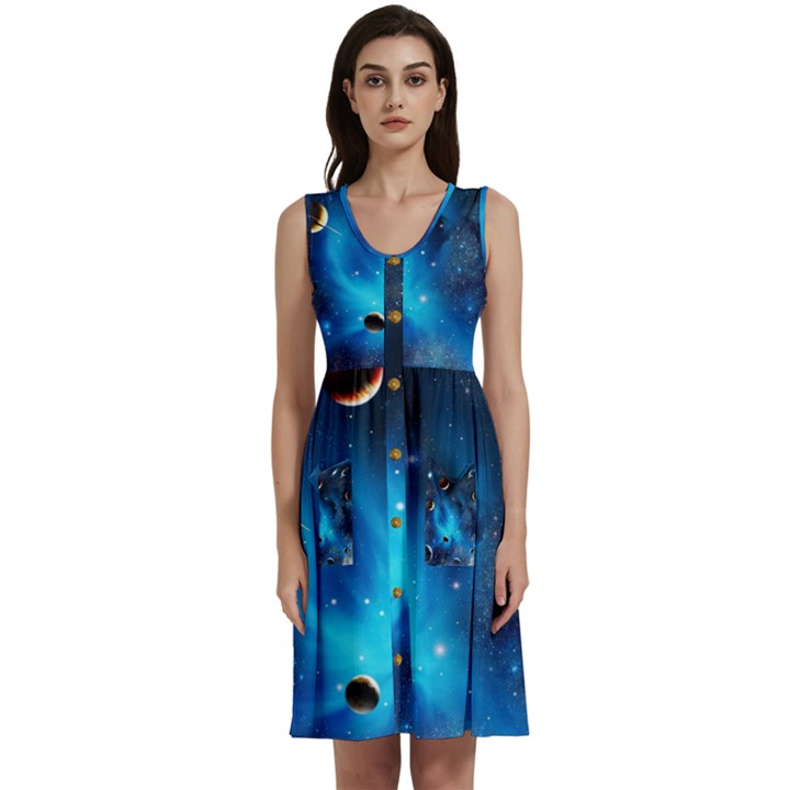 3d Universe Space Star Planet Sleeveless Dress With Pocket