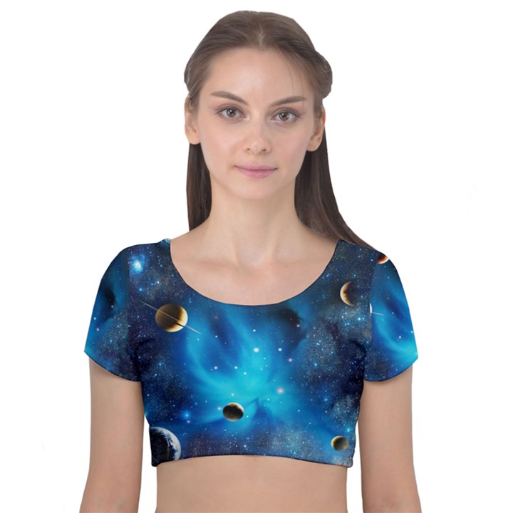 3d Universe Space Star Planet Velvet Short Sleeve Crop Top 