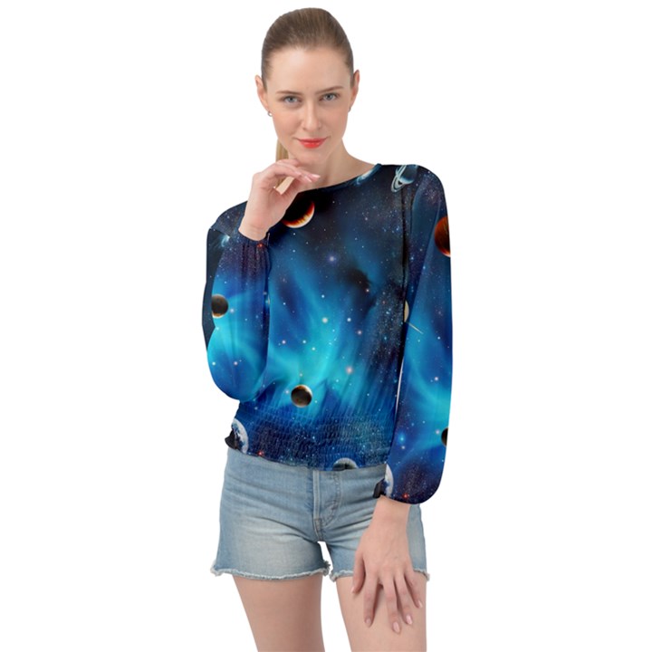 3d Universe Space Star Planet Banded Bottom Chiffon Top