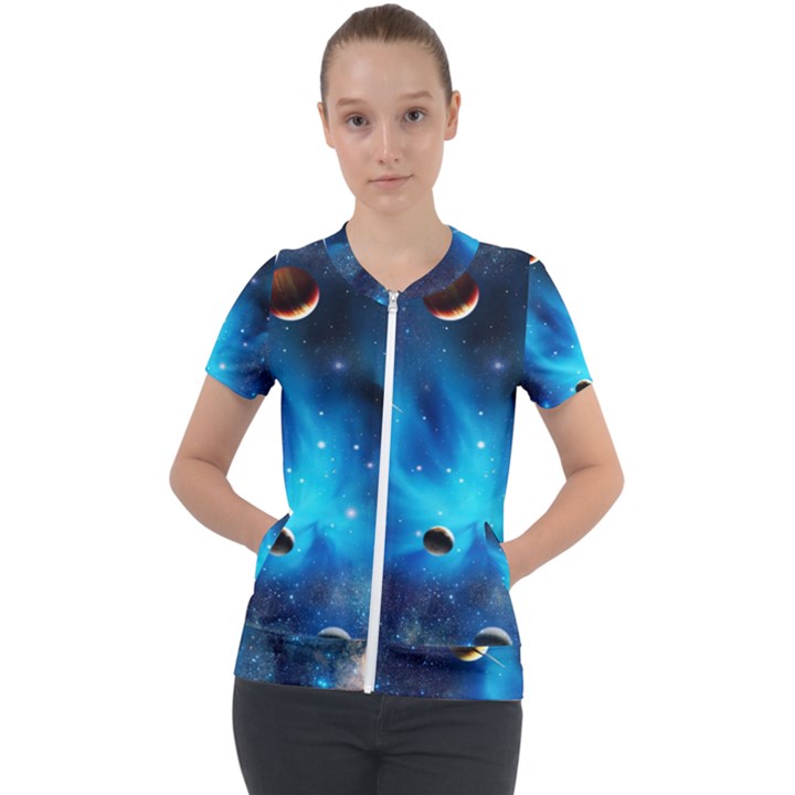 3d Universe Space Star Planet Short Sleeve Zip Up Jacket