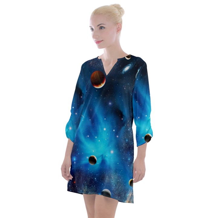 3d Universe Space Star Planet Open Neck Shift Dress