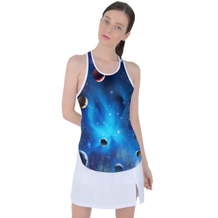 3d Universe Space Star Planet Racer Back Mesh Tank Top