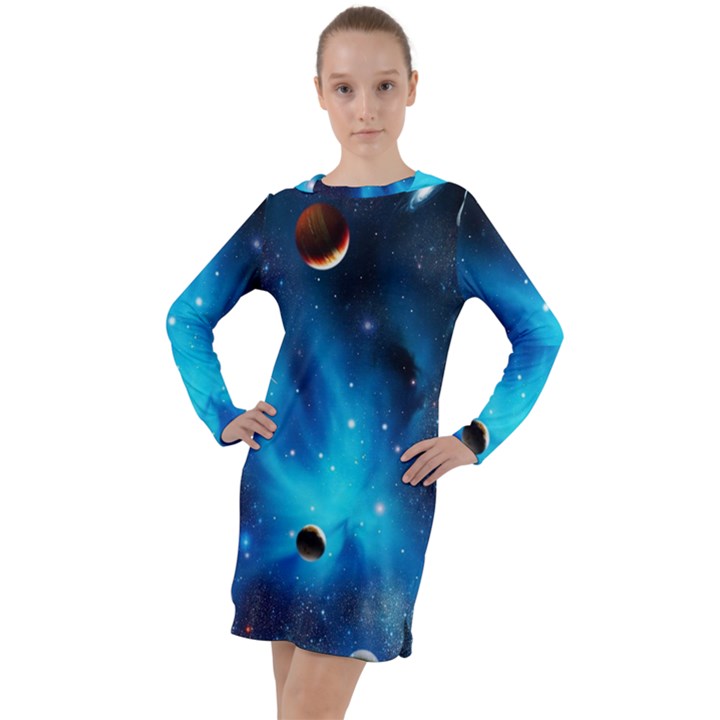 3d Universe Space Star Planet Long Sleeve Hoodie Dress