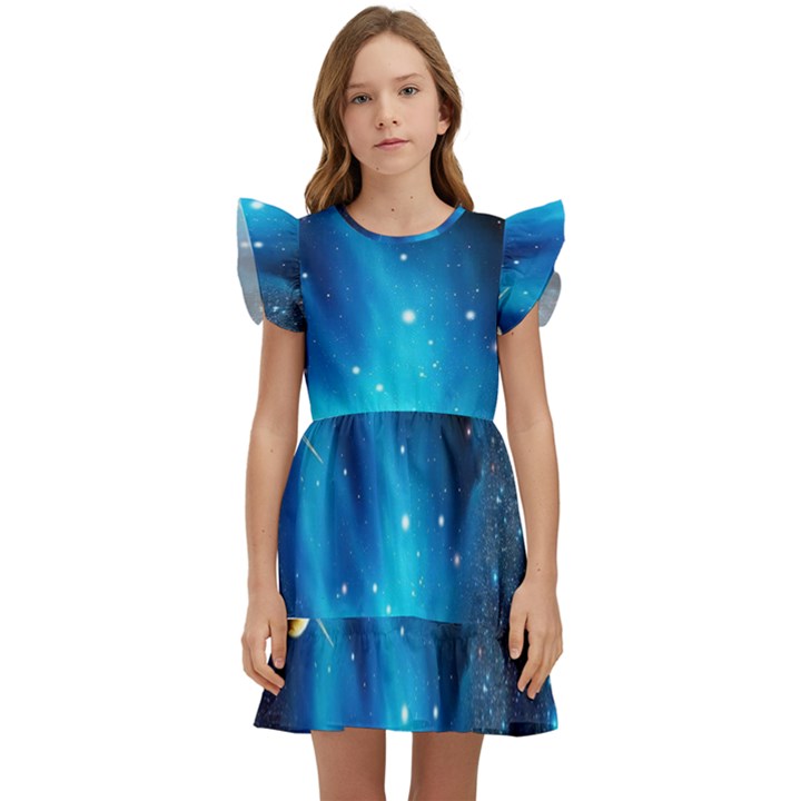 3d Universe Space Star Planet Kids  Winged Sleeve Dress