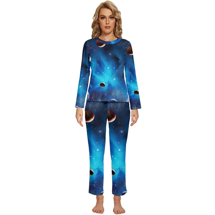 3d Universe Space Star Planet Womens  Long Sleeve Lightweight Pajamas Set