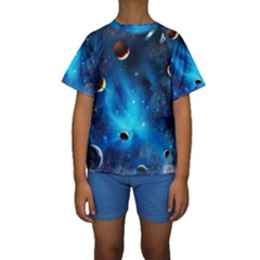 3d Universe Space Star Planet Kids  Short Sleeve Swimwear by Grandong