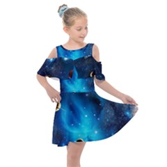 3d Universe Space Star Planet Kids  Shoulder Cutout Chiffon Dress by Grandong