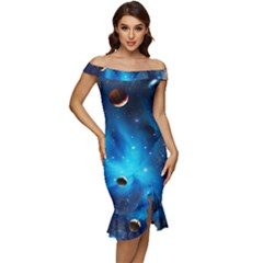 3d Universe Space Star Planet Off Shoulder Ruffle Split Hem Bodycon Dress by Grandong