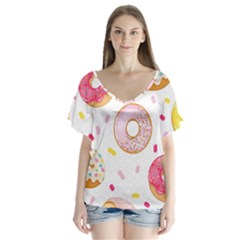 Vector Donut Seamless Pattern V-neck Flutter Sleeve Top by Grandong