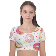 Vector Donut Seamless Pattern Velvet Short Sleeve Crop Top  by Grandong