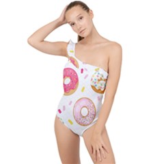 Vector Donut Seamless Pattern Frilly One Shoulder Swimsuit by Grandong