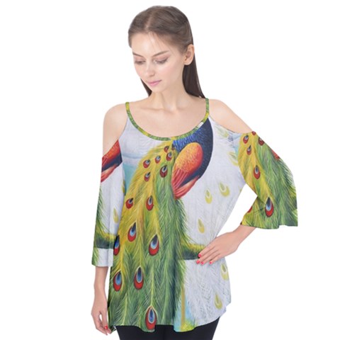 Peacock Art Flutter Sleeve T-shirt  by Grandong