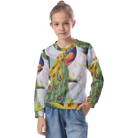 Peacock Art Kids  Long Sleeve T-shirt With Frill  by Grandong