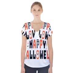 Happy Halloween Slot Text Orange Short Sleeve Front Detail Top by Sarkoni