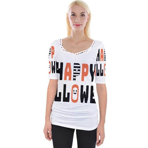 Happy Halloween Slot Text Orange Wide Neckline T-shirt by Sarkoni