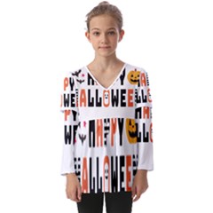 Happy Halloween Slot Text Orange Kids  V Neck Casual Top by Sarkoni