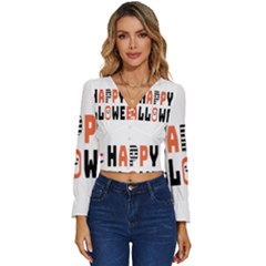 Happy Halloween Slot Text Orange Long Sleeve V-neck Top by Sarkoni