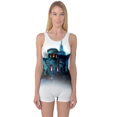 Blue Castle Halloween Horror Haunted House One Piece Boyleg Swimsuit by Sarkoni