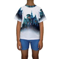 Blue Castle Halloween Horror Haunted House Kids  Short Sleeve Swimwear by Sarkoni