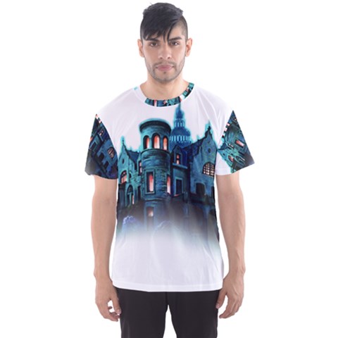 Blue Castle Halloween Horror Haunted House Men s Sport Mesh T-shirt by Sarkoni