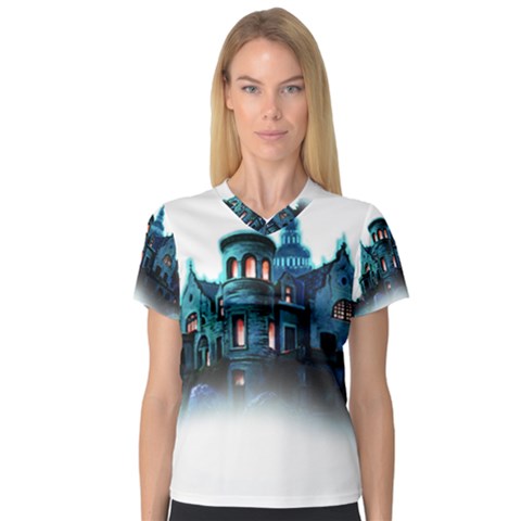 Blue Castle Halloween Horror Haunted House V-neck Sport Mesh T-shirt by Sarkoni