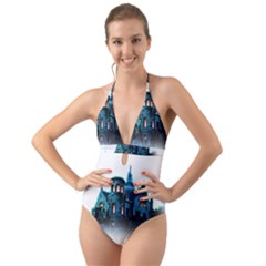 Blue Castle Halloween Horror Haunted House Halter Cut-out One Piece Swimsuit by Sarkoni