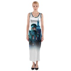 Blue Castle Halloween Horror Haunted House Fitted Maxi Dress by Sarkoni