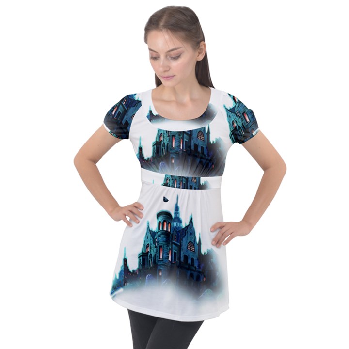 Blue Castle Halloween Horror Haunted House Puff Sleeve Tunic Top