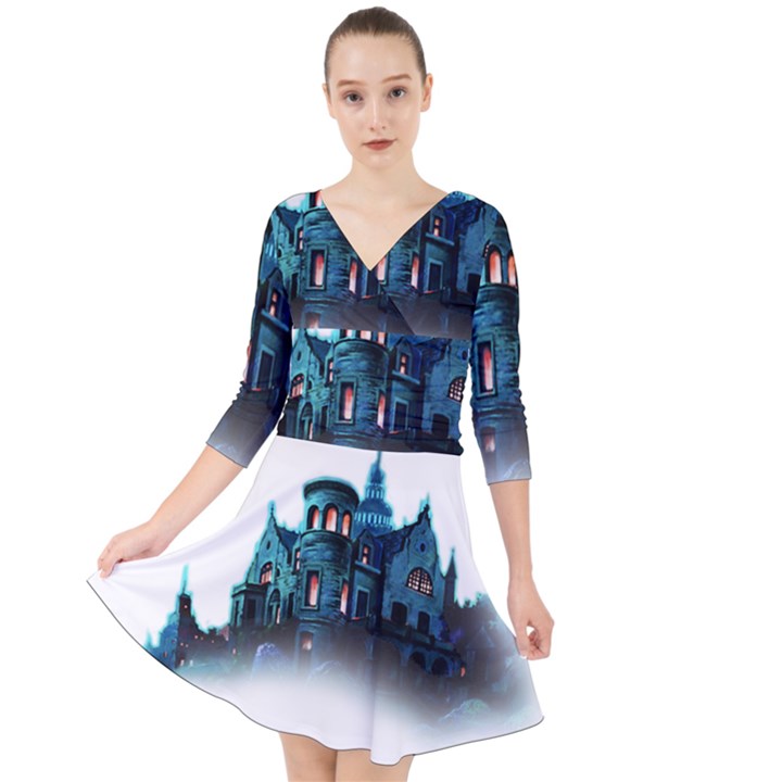 Blue Castle Halloween Horror Haunted House Quarter Sleeve Front Wrap Dress