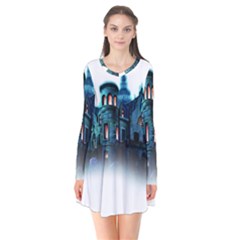 Blue Castle Halloween Horror Haunted House Long Sleeve V-neck Flare Dress by Sarkoni