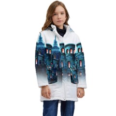 Blue Castle Halloween Horror Haunted House Kids  Hooded Longline Puffer Jacket by Sarkoni