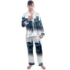 Blue Castle Halloween Horror Haunted House Men s Long Sleeve Satin Pajamas Set by Sarkoni