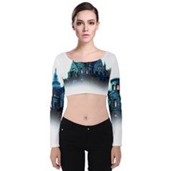 Blue Castle Halloween Horror Haunted House Velvet Long Sleeve Crop Top by Sarkoni