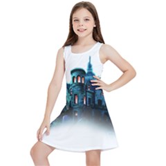 Blue Castle Halloween Horror Haunted House Kids  Lightweight Sleeveless Dress by Sarkoni