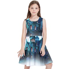 Blue Castle Halloween Horror Haunted House Kids  Skater Dress by Sarkoni