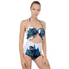 Blue Castle Halloween Horror Haunted House Scallop Top Cut Out Swimsuit by Sarkoni