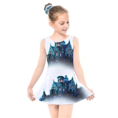 Blue Castle Halloween Horror Haunted House Kids  Skater Dress Swimsuit by Sarkoni