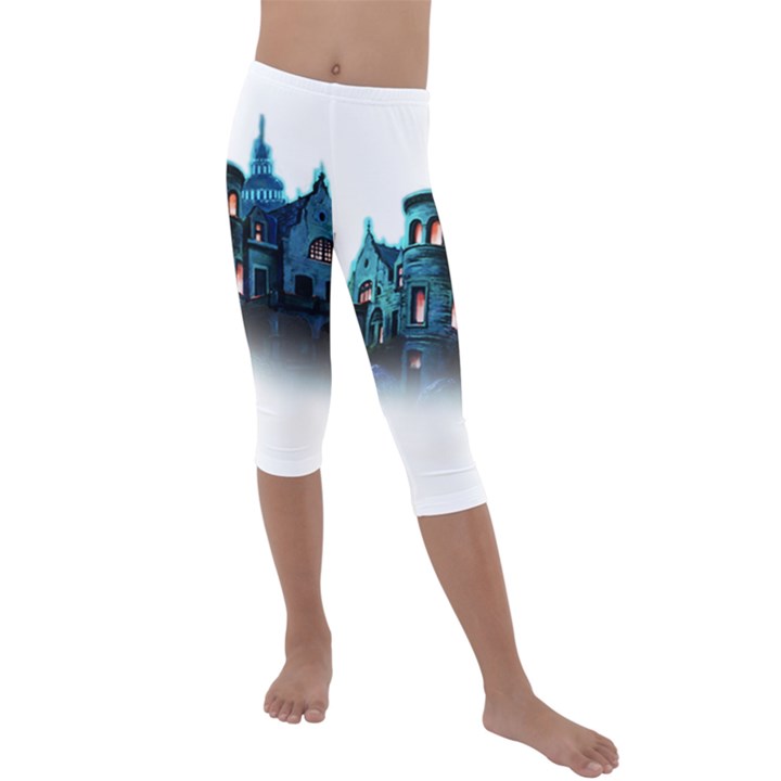 Blue Castle Halloween Horror Haunted House Kids  Lightweight Velour Capri Leggings 