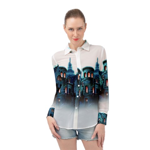 Blue Castle Halloween Horror Haunted House Long Sleeve Chiffon Shirt by Sarkoni