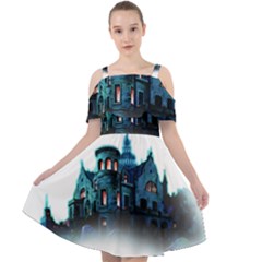 Blue Castle Halloween Horror Haunted House Cut Out Shoulders Chiffon Dress by Sarkoni