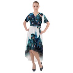 Blue Castle Halloween Horror Haunted House Front Wrap High Low Dress by Sarkoni