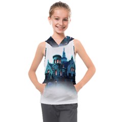 Blue Castle Halloween Horror Haunted House Kids  Sleeveless Hoodie by Sarkoni