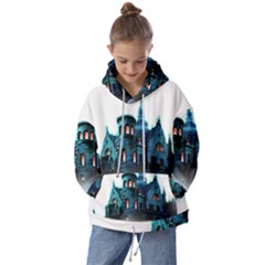 Blue Castle Halloween Horror Haunted House Kids  Oversized Hoodie by Sarkoni