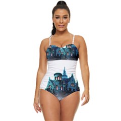 Blue Castle Halloween Horror Haunted House Retro Full Coverage Swimsuit by Sarkoni