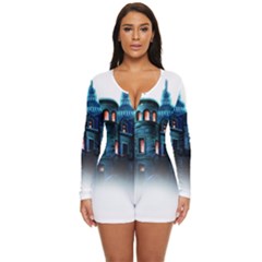 Blue Castle Halloween Horror Haunted House Long Sleeve Boyleg Swimsuit by Sarkoni