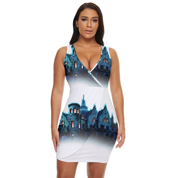 Blue Castle Halloween Horror Haunted House Draped Bodycon Dress