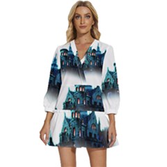 Blue Castle Halloween Horror Haunted House V-neck Placket Mini Dress by Sarkoni